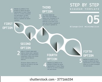 Vector 1 - 2 - 3 - 4 - 5 progress/process stages and steps. Serious corporate blueprint color scheme. Circle-based shapes.