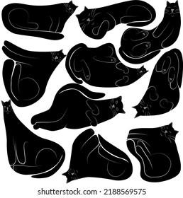 Vector 10 black cats sleep in different positions. For print and web.