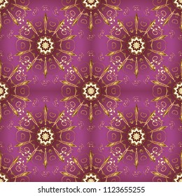 Vector 10 EPS illustration. Colorful classic traditional flower motif and geometric ornament. Patterned carpet with a border frame. Illustration on purple, brown and beige colors. Seamless.