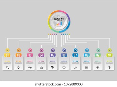 Vector 10 Opciones y pasos Diseño de plantillas de infografías. Visualización de datos empresariales La línea de tiempo con iconos de marketing más útil se puede utilizar para la presentación, diagramas, informes anuales, diseño del flujo de trabajo