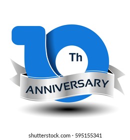 Vector 10 years anniversary, blue number with silver ribbon