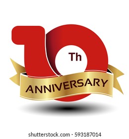 Vector 10 years anniversary, red number with golden ribbon