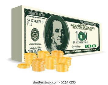 vector 100 dollars bill with golden coins