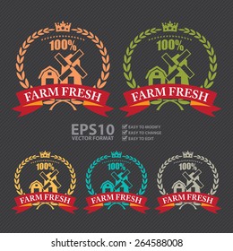 Vector : 100% Farm Fresh Wheat Laurel Wreath, Ribbon, Badge, Label, Sticker, Sign or Icon 
