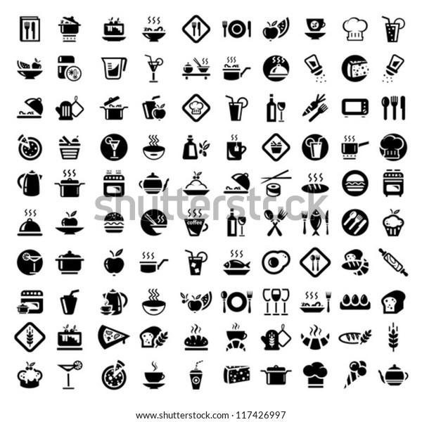 Vector 100 Food\
and Kitchen Icons Set for\
Web