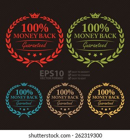 Vector : 100% Money Back Guaranteed Wheat Laurel Wreath, Label, Sticker or Icon