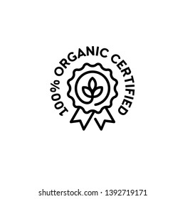 Vector 100 organic certified icon template. Natural logo badge with green leaves and ribbon. Line farm food, vegan label for local farmers market, healthy goods, premium quality products, bio business