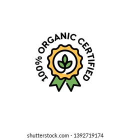 Vector 100 Organic Certified Icon Template. Line Natural Logo Badge With Green Leaves And Ribbon. Farm Food, Vegan Label For Local Farmers Market, Healthy Goods, Premium Quality Products, Bio Business