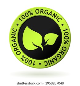 vector 100 percent organic green medal with symbol of leaf