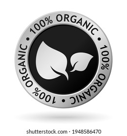 medalla de plata orgánica vectorial 100% con símbolo de hoja