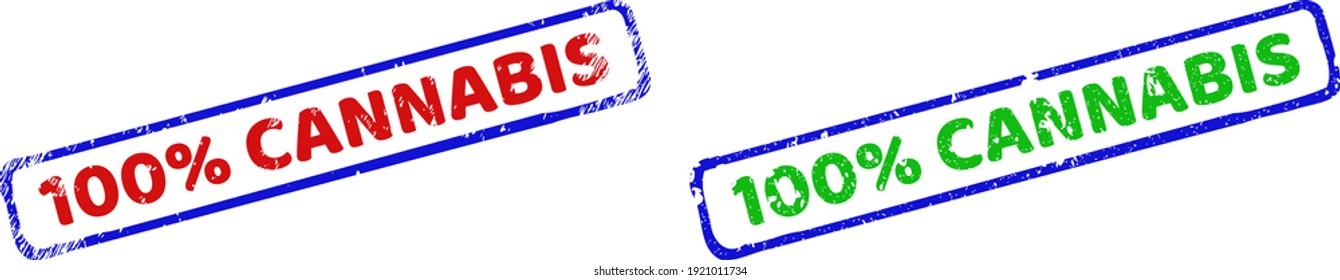 Vektor 100 Perzente CANNABIS gerahmte Aufdrucke mit gerundeter Oberfläche. Stempelmarken mit rauem bicolorem Rechteck. Rot, Blau, Grün. Flache Grunge-Briefmarken mit 100 Perzenten CANNABIS-Nachricht in rauem Zustand