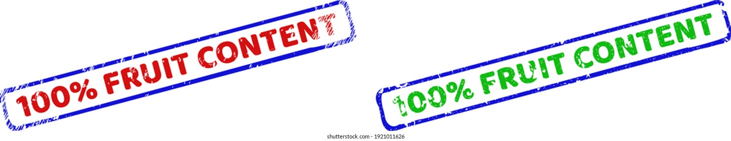 Vector 100 percents FRUIT CONTENT framed watermarks with corroded style. Rough bicolor rectangle watermarks. Red, blue, green colors used.