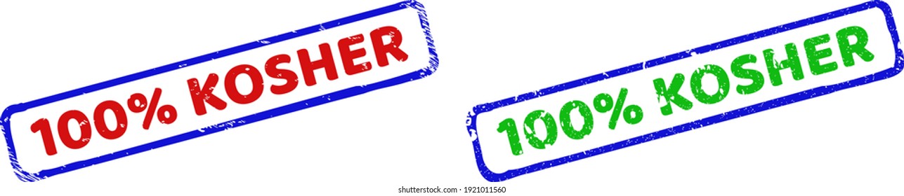 Vector 100 percents KOSHER framed watermarks with corroded style. Rough bicolor rectangle watermarks. Red, blue, green colors used.
