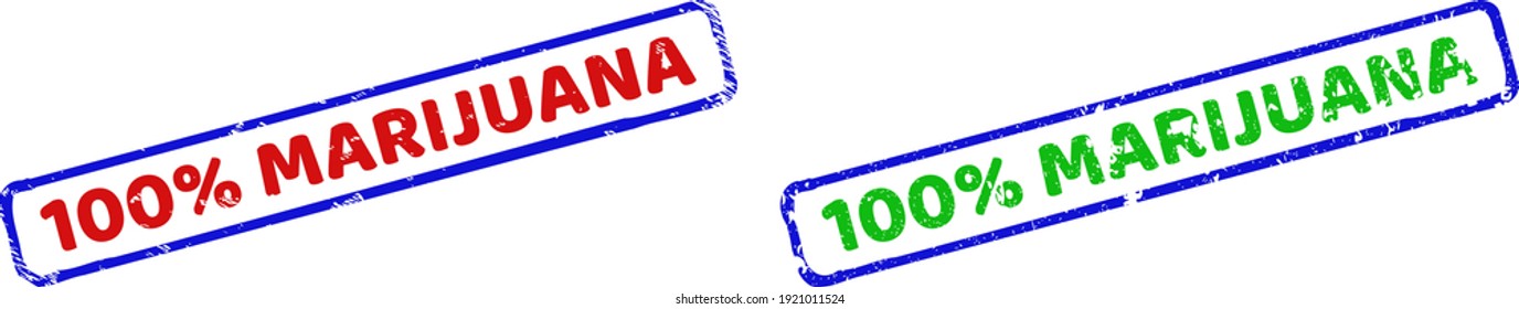 Vector 100 por ciento MARIJUANA enmarcó imitaciones de caucho con estilo corroido. Sellos de sello rectangulares rígidos bicolor. Colores rojos, azules y verdes.