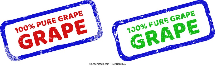 Vector 100 percents PURE GRAPE framed imprints with distress surface. Rough bicolor rectangle seal stamps. Red, blue, green colors used.
