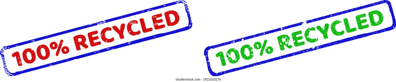Vector 100 por ciento imitaciones de caucho enmarcadas RECICLADAS con superficie corroída. Sellos rectangulares rígidos bicolores. Colores rojos, azules y verdes.