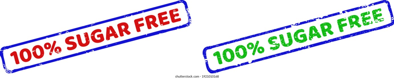 Vector 100 percents SUGAR FREE framed watermarks with distress style. Rough bicolor rectangle seal stamps. Red, blue, green colors used.