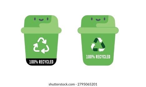 Vector 100% Recycled Green Trash Bin Recycling Symbol Cute Character Badge on White Background