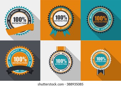 Vector 100% Satisfaction Quality Label Set in Flat Modern Design with Long Shadow. Vector Illustration EPS10
