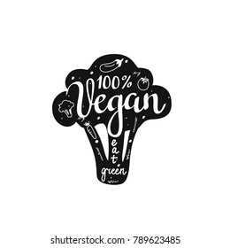 Vector 100 % vegan eat green lettering broccoli badge design