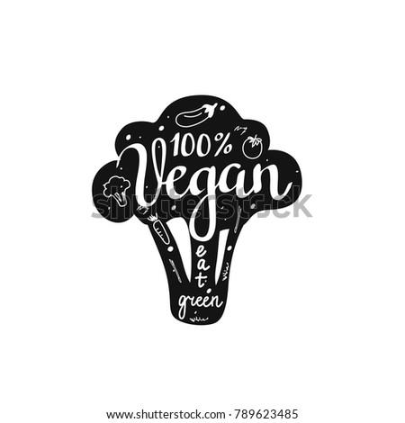 Vector 100 % vegan eat green lettering broccoli badge design