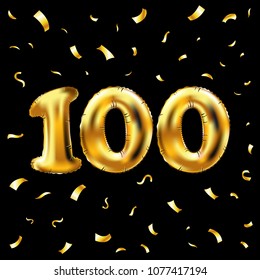 vector 100th celebration gold balloons and golden confetti glitters. 3d Illustration design for your greeting card, invitation and Celebration party of hundred 100 number black background art