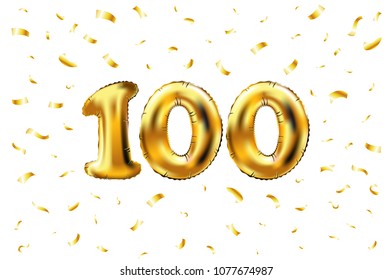 vector 100th celebration gold balloons and golden confetti glitters. 3d Illustration design for your greeting card, invitation and Celebration party of hundred 100 number white background art