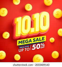 Vector of 10.10 Shopping day Poster or banner with golden coins on red background.10 October sales banner template design for social media and website.