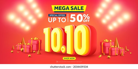 Vector of 10.10 Shopping day Poster or banner with gift box and spotlight background.10 October sales banner template design for social media and website.