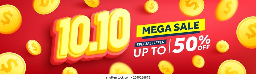 Vector of 10.10 Shopping day Poster or banner with golden coins on red background.10 October sales banner template design for social media and website.