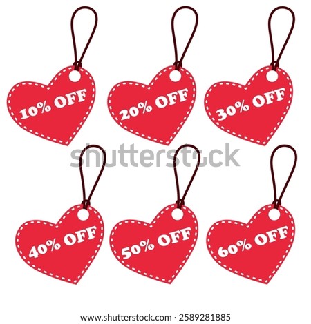 Vector 10-60% off sale red heart shaped coupon. Gift promotion illustration for Valentines Day. Tag label, sale banner with discount coupon in pink colour