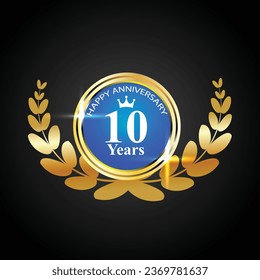 Vector 10th anniversary celebration logo Golden shield laurel wreath and badges collection