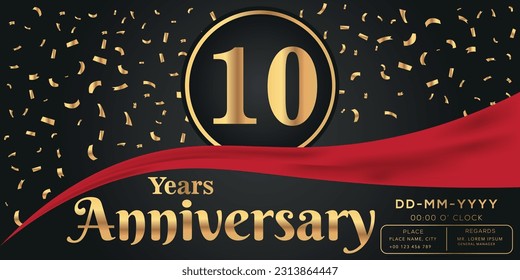 Celebración del décimo aniversario del vector con fondo oscuro con números dorados y diseño de confeti
