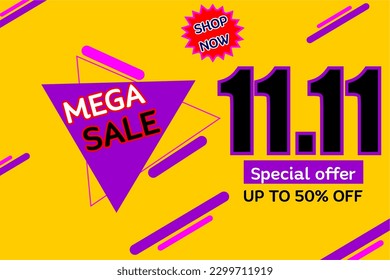 Vector 11.11 Mega venta para afiches o banner.11 Noviembre venta plantillas de diseño de banner para medios sociales y sitio web,Oferta especial 50% de descuento .