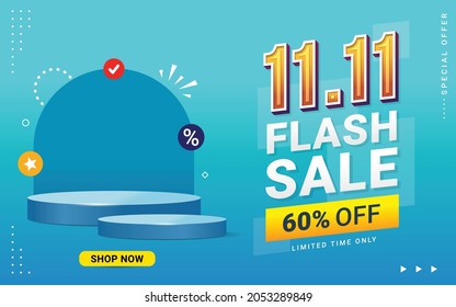 Vector Of 11.11 Shopping Day Poster Or Banner With Blank Product Podium Scene. 11 November Sales Banner Template Design For Social Media And Website