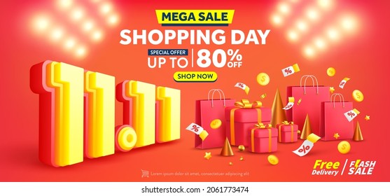 Vector of 11.11 Shopping day Poster or banner with gift box and shopping bag.11 november sales banner template design for social media and website. Vector illustration eps 10