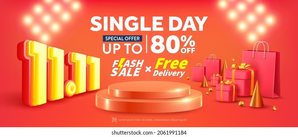 Vector of 11.11 Single day Poster or banner with product podium scene,gift box and shopping bag.11 november Single day sales banner template design for social media and website.