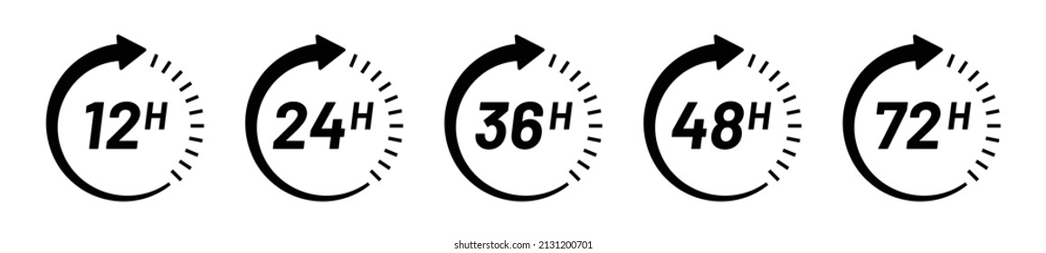 Vector 12, 24, 36, 48 and 72 hours delivery service, clock arrows icon set.