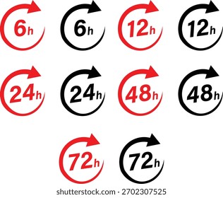 Vector 12, 24, 36, 48 y 72 horas de servicio de entrega, flechas de reloj icono conjunto 24-7 concepto de servicio. 24-7 abierto. Icono de servicio de Asistencia.