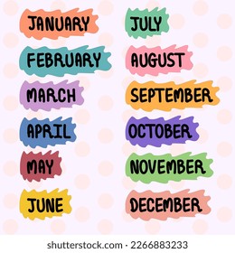 Vector de 12 meses de colores pastel dibujados a mano.