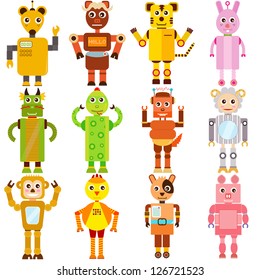 Vector of 12 Twelve Chinese Zodiac with animal head Robot body, rat, ox, tiger, rabbit, dragon, snake, horse, sheep, monkey, rooster, dog, pig. Set of cute colorful icon collection isolated on white