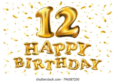 vector 12th Birthday celebration with gold balloons and golden confetti, glitters. 3d Illustration design for your greeting card, birthday invitation and Celebration party of twelve years anniversary.
