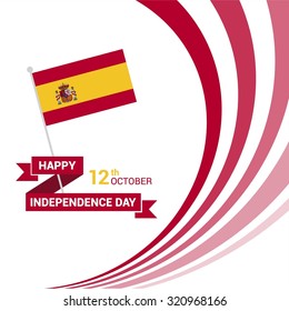 Vector 12th October Spain Independence Day. Creative red lines with ribbon banner and waving Spanish Flag. Celebration Card. Illustration