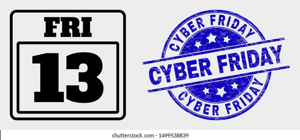 Vector 13 friday calendar page pictogram and Cyber Friday seal. Red round textured seal with Cyber Friday caption. Vector combination in flat style. Black isolated 13 friday calendar page pictogram.
