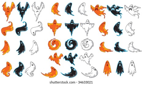 Vector - 13 Ghosts. Each unique ghost design comes in 3 different color schemes (white, orange and back). Each design can easily be used and manipulated individually.
