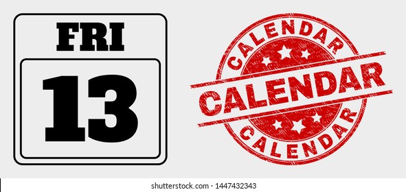 Vector 13th Friday calendar page pictogram and Calendar seal stamp. Red rounded textured seal with Calendar text. Vector composition for 13th Friday calendar page in flat style.
