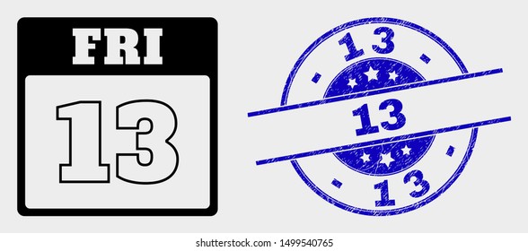 Vector 13th Friday calendar page pictogram and 13 seal. Red round distress seal with 13 caption. Vector combination in flat style. Black isolated 13th Friday calendar page pictogram.