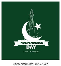 Vector 14 August. Pakistan Independence Day. Minar-e-Pakistan with Moon and Ribbon Badge Green background Celebration Card. Illustration