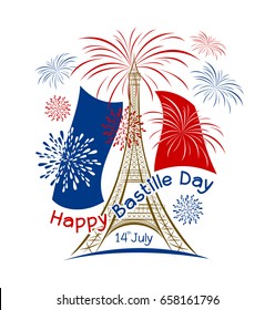 Vector 14 july bastille day paris design with firework and france flag on white background