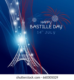 Vector 14 july bastille day paris design with firework of eiffel tower and france flag on blue background